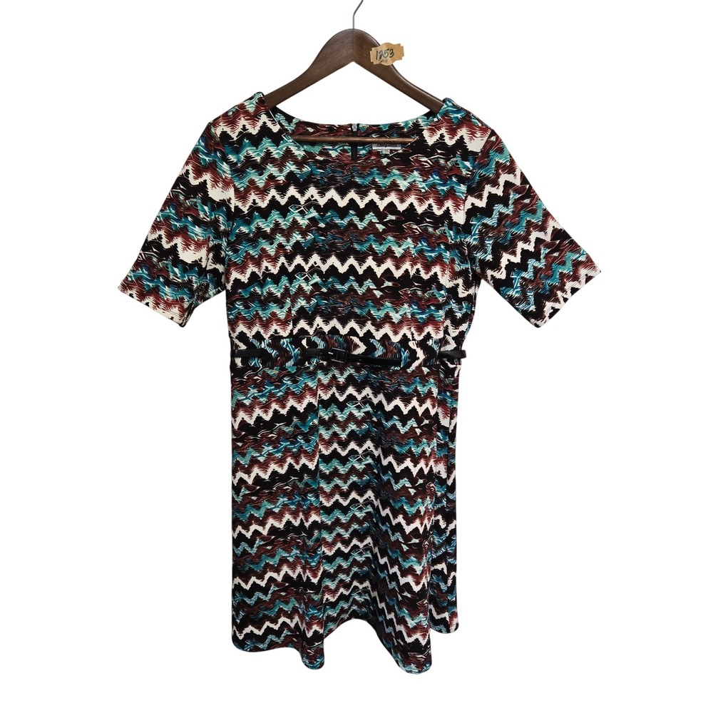 Phase‎ Seven Womens Chevron Zigzag Print Belted Sheath Dress Teal Burgundy 12